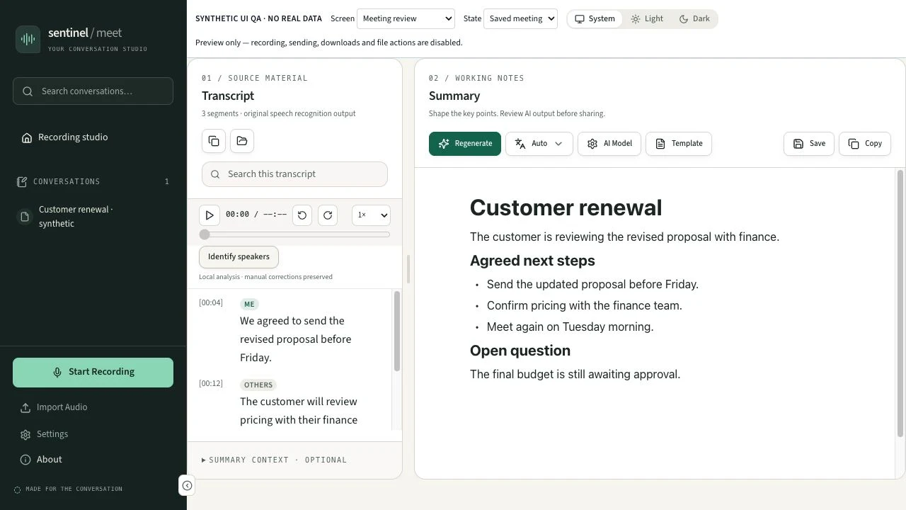 Pick up the thread of your meetings. — Illustrative preview · the beta product may change