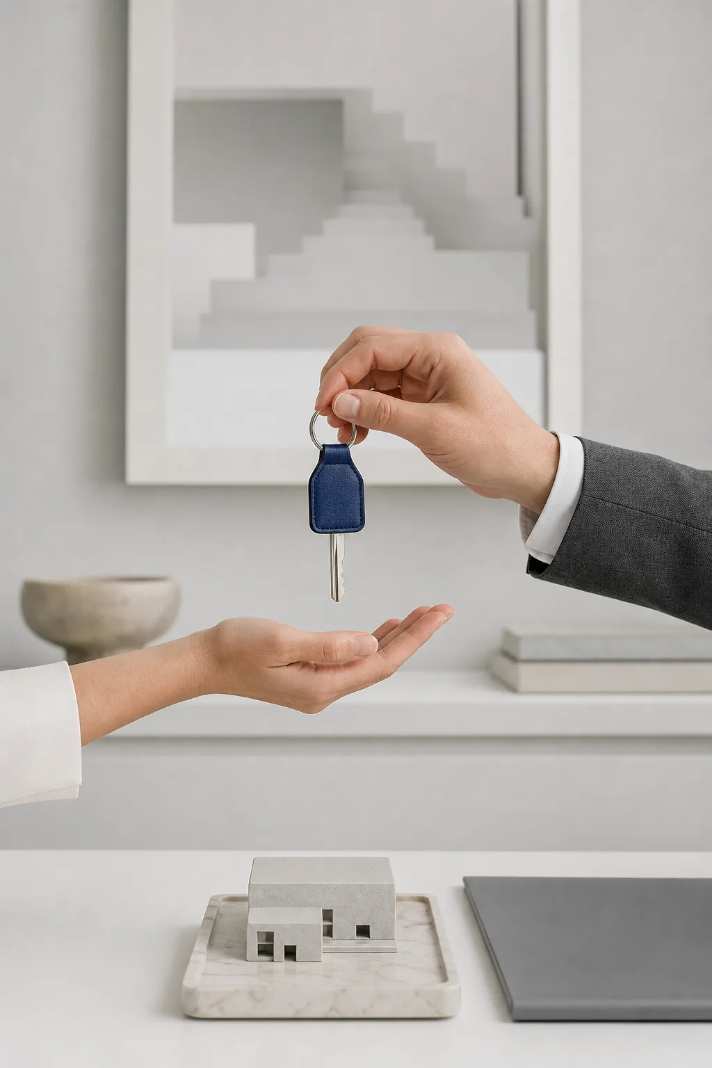 Flat key handover: cobalt blue leather key ring above a white desk