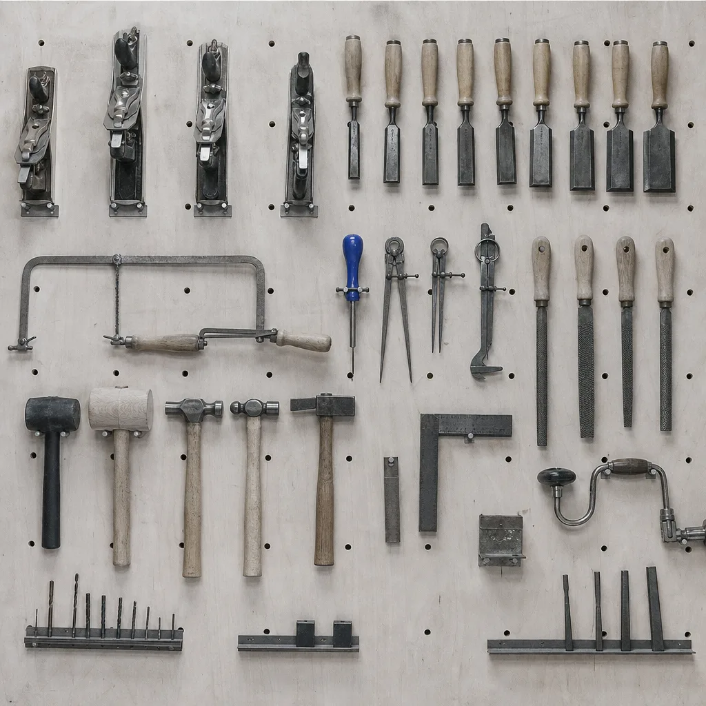 Workshop wall: tools lined up on a grid, one cobalt blue handle