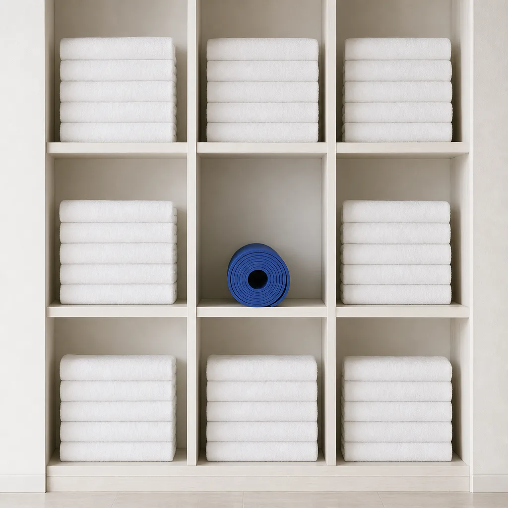 Wellness studio: folded towels, a rolled cobalt blue yoga mat