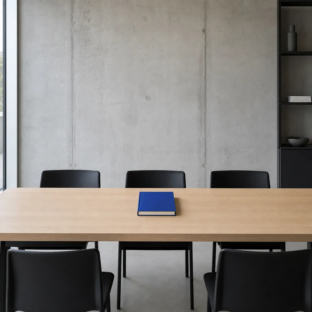 Minimal meeting room: oak table, a cobalt blue notebook